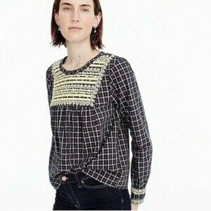 J Crew Gold Embroidered Peasant Bib Top Size S Long Sleeve Cotton Plaid EUC B30
